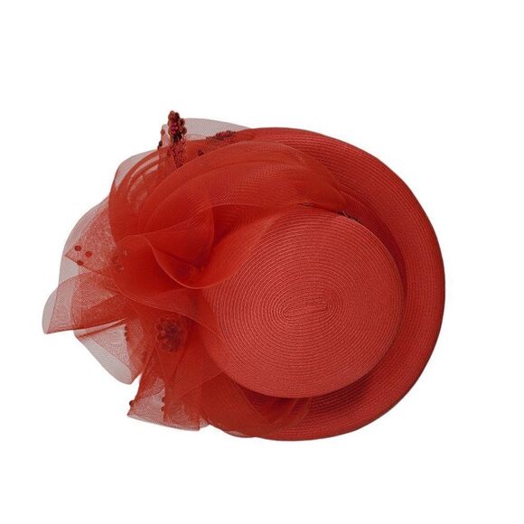 Vintage Ms Divine Red Hat Church‎ Derby Netted Bow Flower Sequin Applique Sraw - Picture 6 of 10